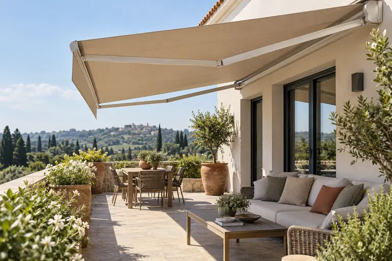 Terrazza illustrativa con tenda da sole: confronto fra luce piena e ombra.