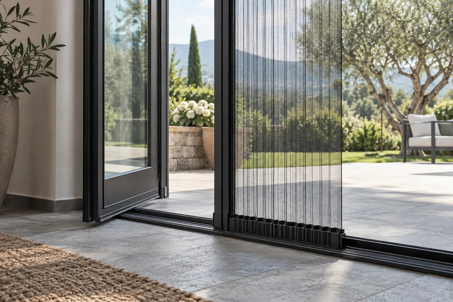 Rete plissettata di una zanzariera davanti a una porta sul giardino